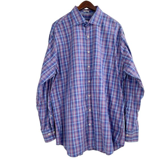 Peter Millar Blue Plaid Cotton Button Up Shirt Mens Size XL Career Classic - Picture 1 of 7